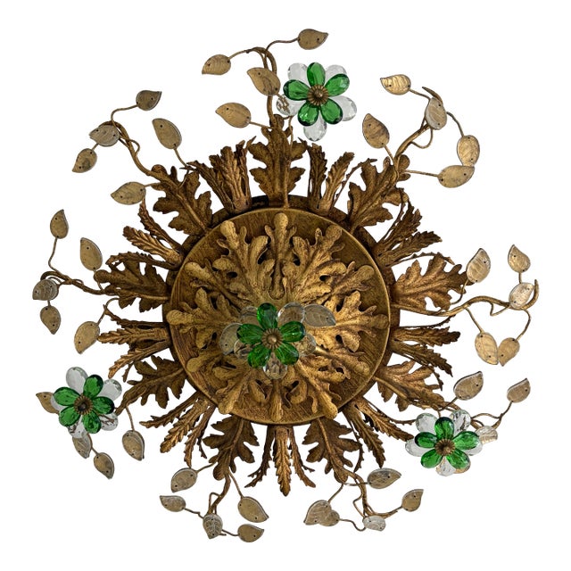 Flush Mount Maison Baguès Crystal Green Flowers Leaves Chandelier 9 Lights For Sale