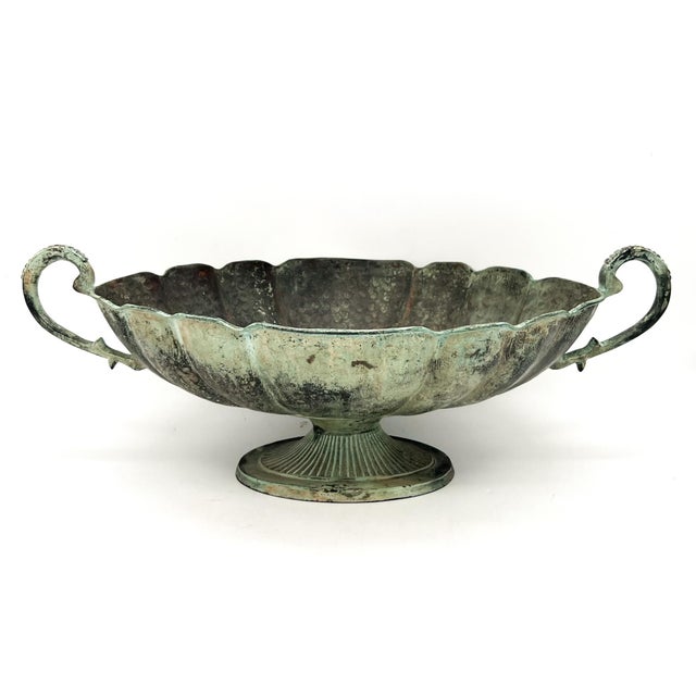 Neoclassical Vintage Verdigris Brass Scalloped Centerpiece Bowl With Scroll Handles - Neoclassical, Traditional, Classical For Sale - Image 3 of 12