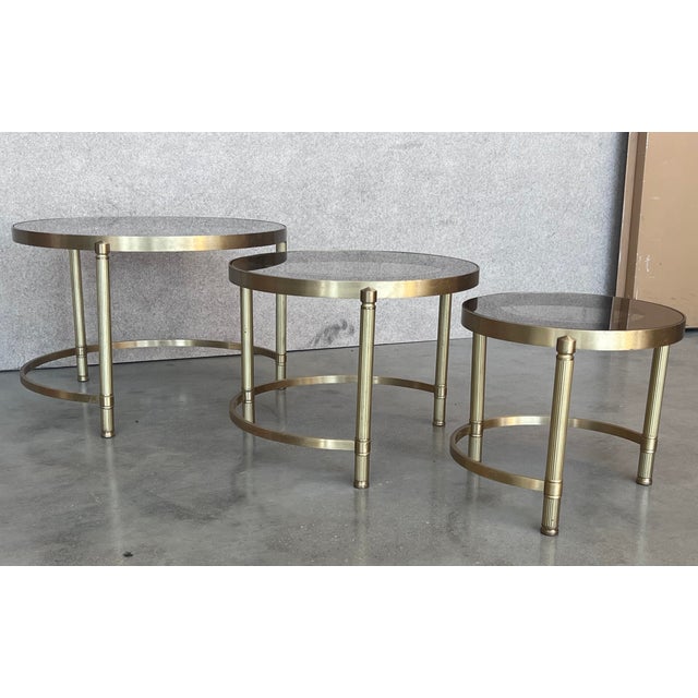 Set of Three Round Brass Nesting Tables With Smoked Pink Glass Tops For Sale - Image 11 of 12
