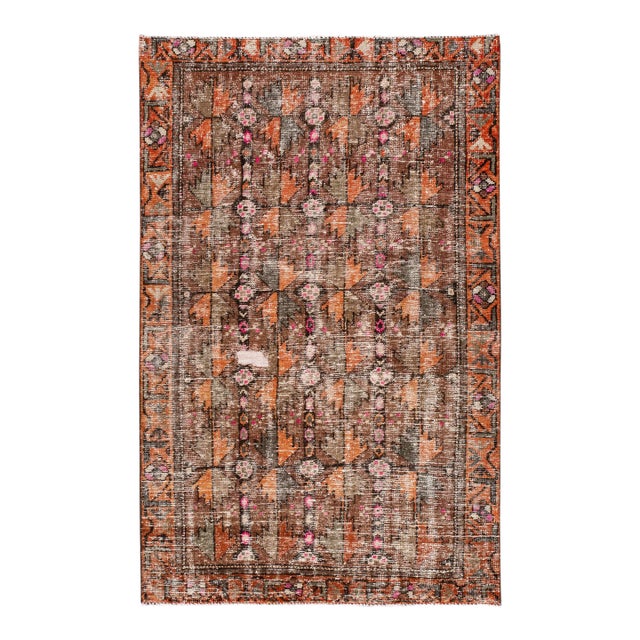 Vintage Persian Handmade Brown Geometric Wool Rug For Sale