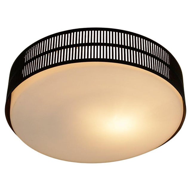 Mid-Century Austrian Circular Black Metal and Opaline Glass Ceiling Lamp, 1960s For Sale - Image 6 of 6