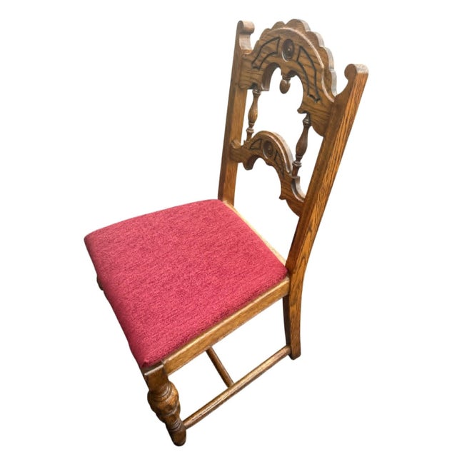 Antique Spanish Revival Oak Dining Chairs With New Burgundy Seat Upholstery - Set of 4 - Circa 1920s For Sale - Image 4 of 4