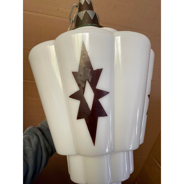 Early 20th Century Art Deco White Milk Glass Skyscraper Star Hanging Pendant Light Fixture For Sale - Image 4 of 11