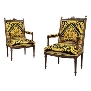 Gianni Versace Fabric Louis XVI Style Armchairs, Walnut, France, 20th C. For Sale