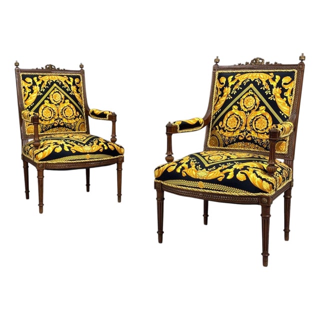 Gianni Versace Fabric Louis XVI Style Armchairs, Walnut, France, 20th C. For Sale