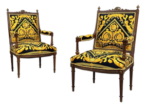 Gianni Versace Fabric Louis XVI Style Armchairs, Walnut, France, 20th C.