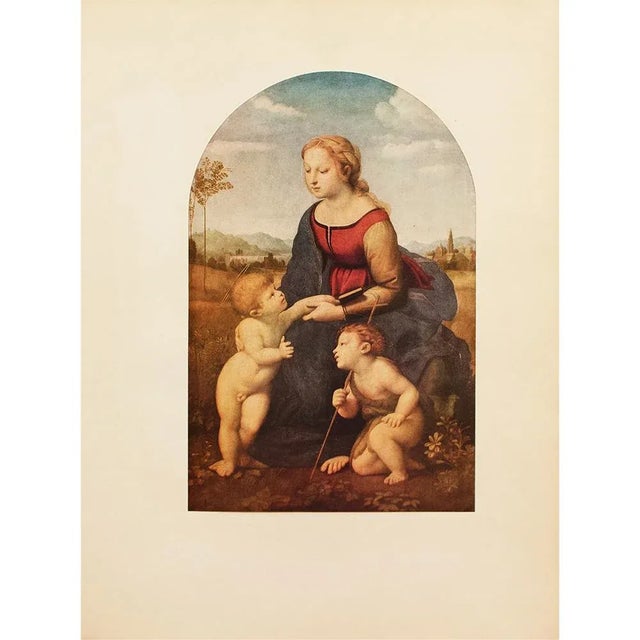 A stunning vintage full-color reproduction print after painting "Madonna" by Raphael. Comes from a First Edition art folio...