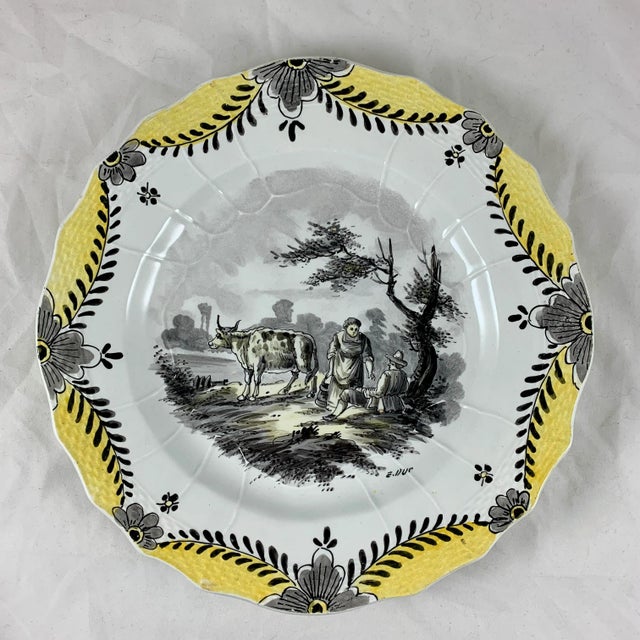 French Faïence Hand Painted Romantic Grisaille & Cirage Plates, S/6 For Sale In Philadelphia - Image 6 of 13