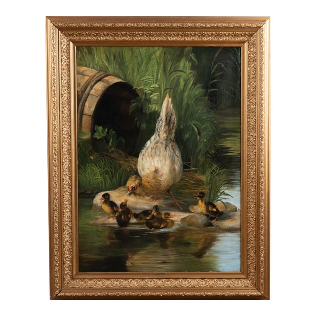 20th C. Orig. Oil on Canvas Painting of Hen & Ducklings at Pond by A. Mackeprang For Sale