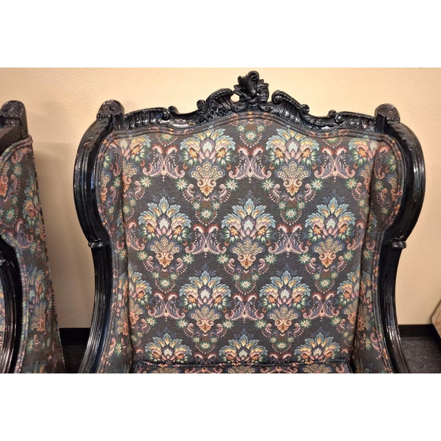 Black Early 20th Century Pr. Of Antique Rococo Style Paint and Hand Carved Upholstered Wingback Chairs - Set of 2 For Sale - Image 8 of 12