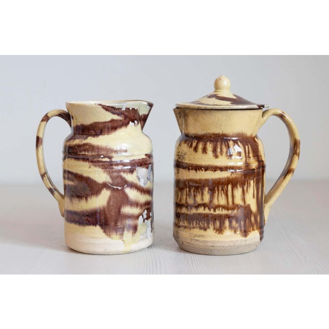 French 19th Century French Pottery Pitcher with Cream and Brown Glaze with Dripping For Sale - Image 3 of 7