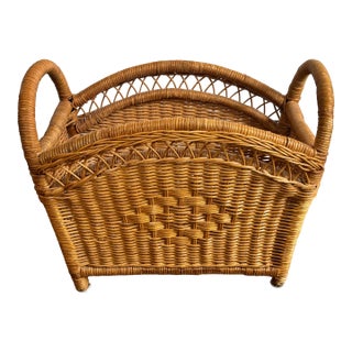 Vintage Coastal Wicker Magazine Rack With Handles For Sale