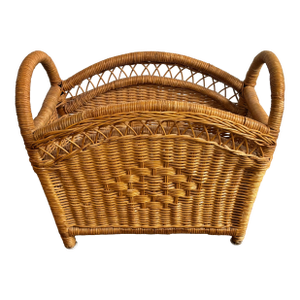Vintage Coastal Wicker Magazine Rack With Handles