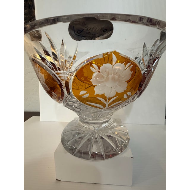 Mid-Century Modern Vintage Polish Julia Cut Crystal Amber Overlay Footed Centerpiece Bowl For Sale - Image 3 of 9