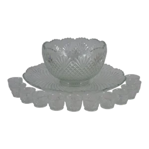 Antique 14 Piece Le Smith Glass Co Pineapple Fan Cut Punch Bowl Tray Cups Set