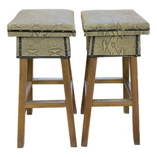 Mid Century Faux Snakeskin Upholstered Wood Stools - Signed and Dated 1971 For Sale