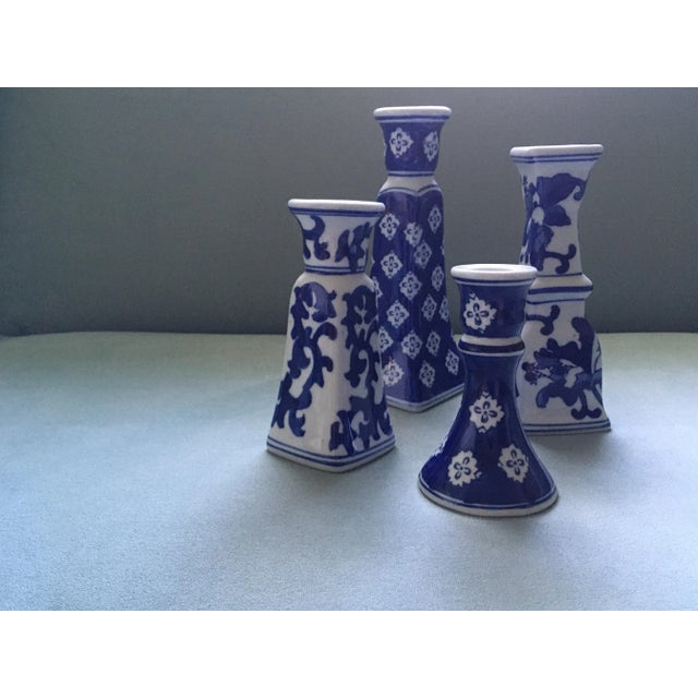 Vintage Blue & White Patterned Candlesticks- Set of 4 For Sale - Image 11 of 11