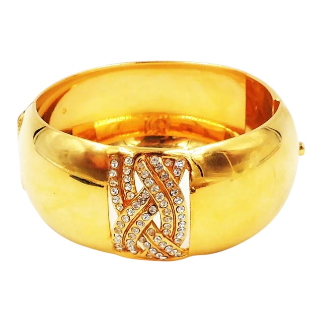 Vintage 1980s Signed Bijoux Cascio Italy Goldtone Clear Rhinestone Cuff Bracelet For Sale