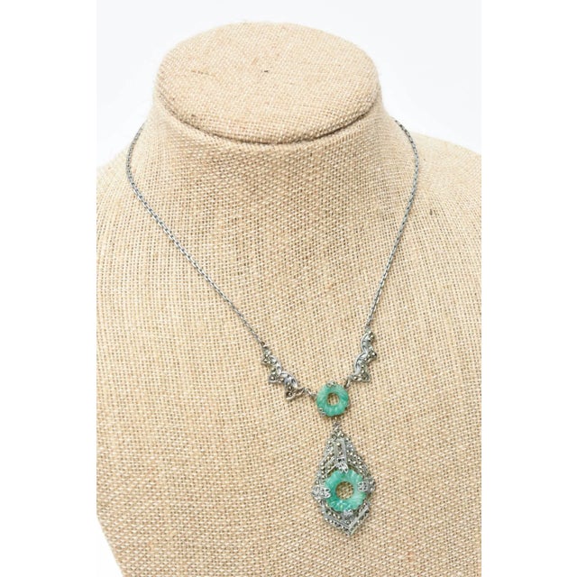 Vintage Art Deco Marcasite and Green Stone Necklace With Pendant For Sale In Miami - Image 6 of 7