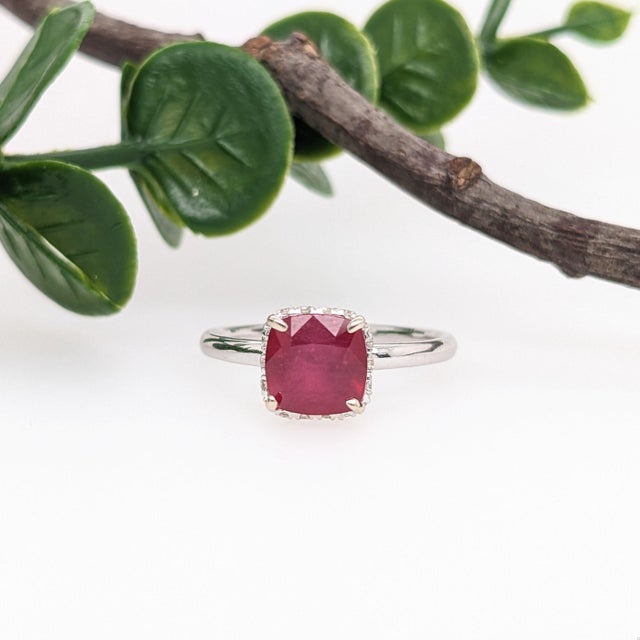 1.7Ct Ruby Ring With Earth Mined Diamonds Halo: Solid 14k Gold, Cushion Cut 7mm, Size 6.75 For Sale - Image 4 of 14