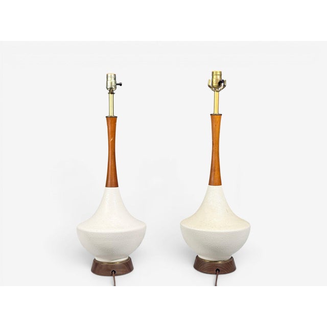 1950s American Modern, Large Table Lamps, Porcelain, Walnut, Brass For Sale - Image 12 of 12
