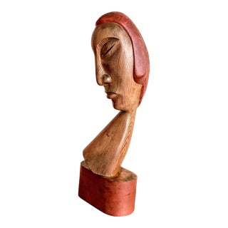 Large Carved Wood Bust of Androgynous Figure For Sale