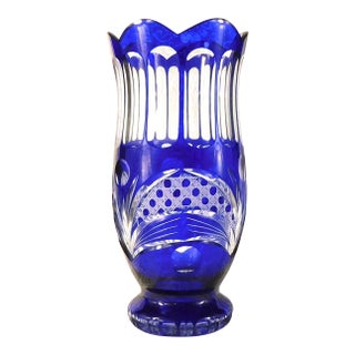 1940s Large Blue Cut to Clear Vase For Sale