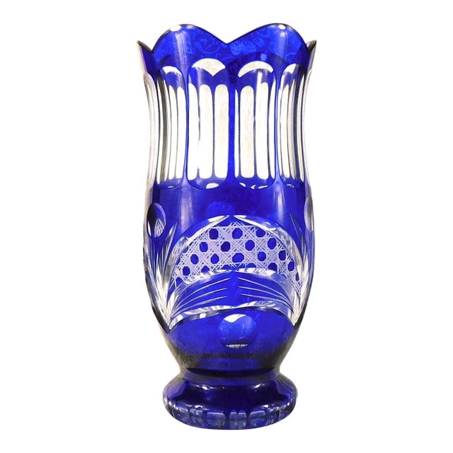 1940s Large Blue Cut to Clear Vase For Sale
