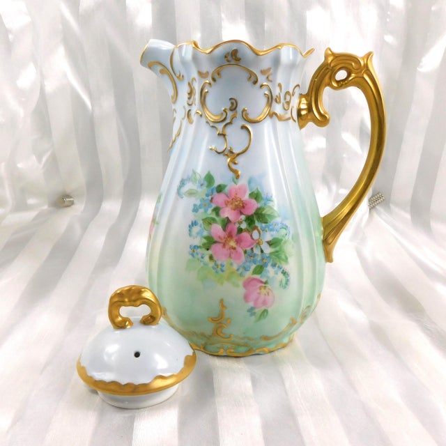 Ceramic 1940s Pale Blue Signed Hand Painted Teapot Sugar Bowl and Creamer Set For Sale - Image 7 of 17