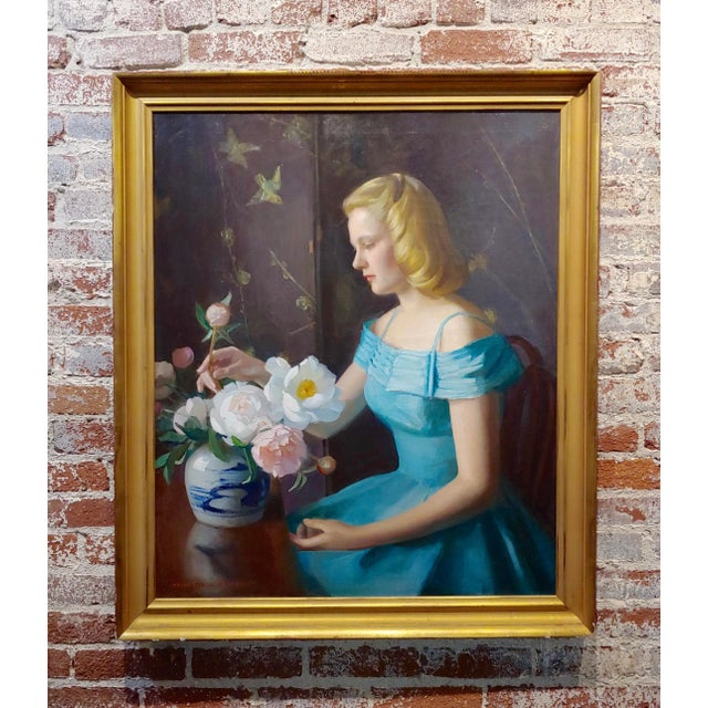 Marguerite Stuber Pearson -Woman in Blue Arranging Her White Roses-Oil Painting For Sale - Image 12 of 12