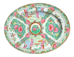 Chinoiserie Ceramic Famille Rose Oval Platter in Pink and Gold Floral Motif
