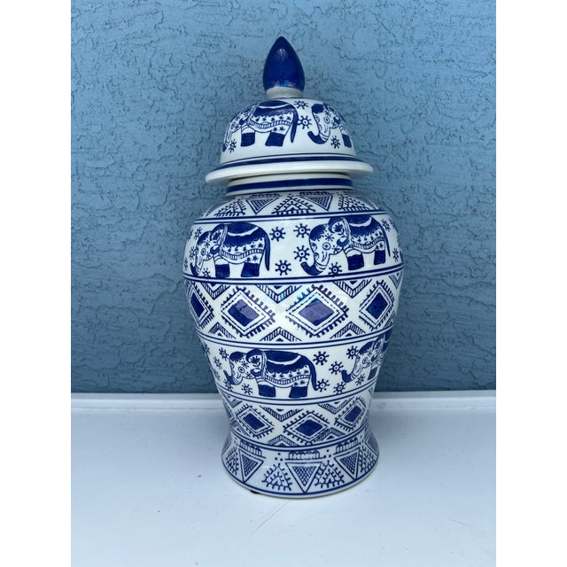 1980s Vintage Ceramic Blue Elephant Ginger Jar For Sale - Image 5 of 6