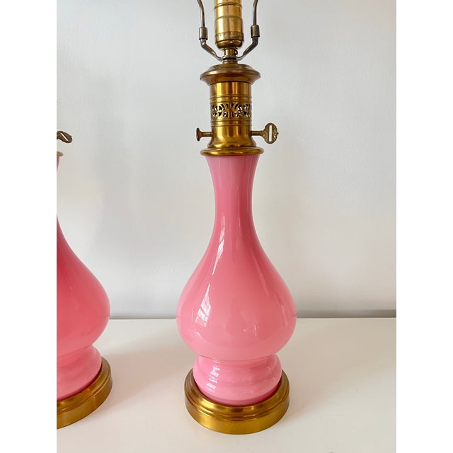 This is a GORGEOUS and very hard to find pair of Murano (Cenedese) glass pink opaline lamps with a gold-tone mounts and...