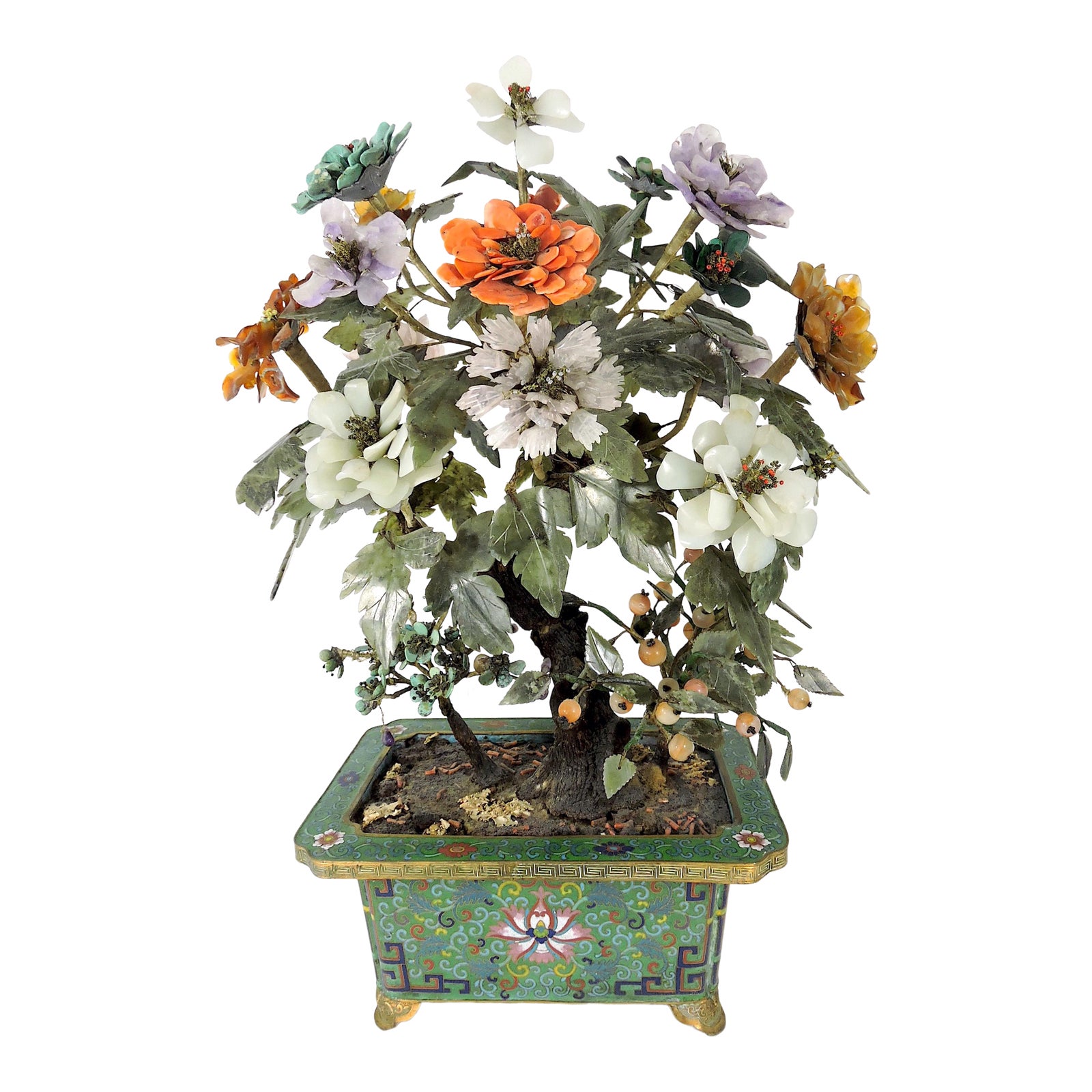 Antique Jade Bonsai Tree With Semi Precious Stone Flowers In Cloisonne Ming Style Planter Chairish