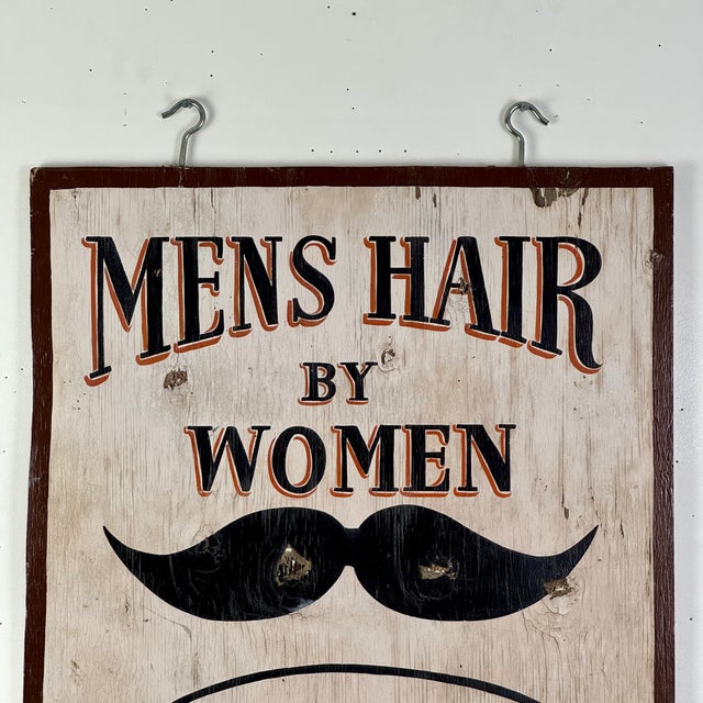 Wood Vintage Double Sided Wooden Sign Advertising "Mens Hair by Women" With Mustache Illustration For Sale - Image 7 of 9