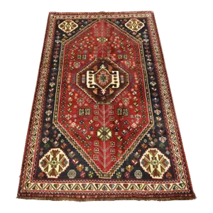 Qashqai Rug 3'7'' X 5'9'' Red Wool Vintage Tribal Hand-Knotted Oriental Carpet