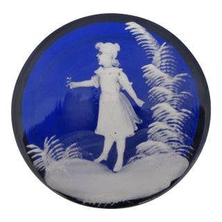 Mary Gregory Cobalt Blue Glass Enamel Painted Girl With Flower Round Trinket Box For Sale