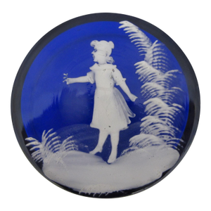 Mary Gregory Cobalt Blue Glass Enamel Painted Girl With Flower Round Trinket Box