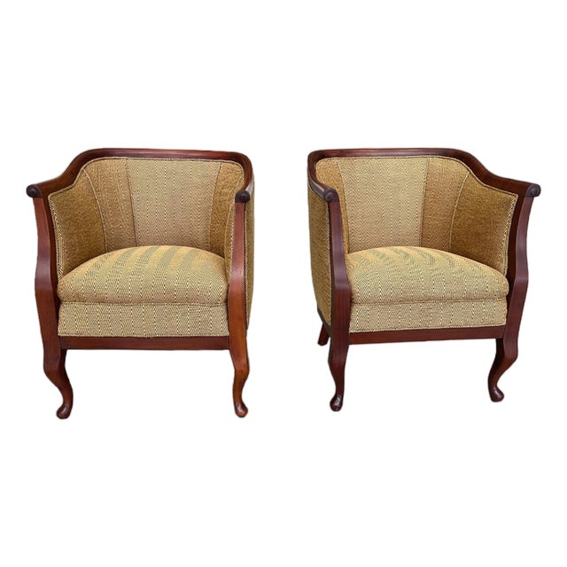 Danish Art Deco Mahogany Lounge Chairs in Donghia Gold Chevron - A Pair For Sale