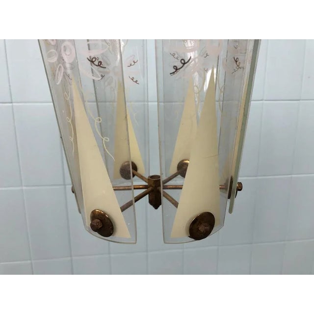 Vintage Suspension Chandelier in Brass and with Decorated Glass Lampshades, Italy, 1950s For Sale - Image 9 of 12