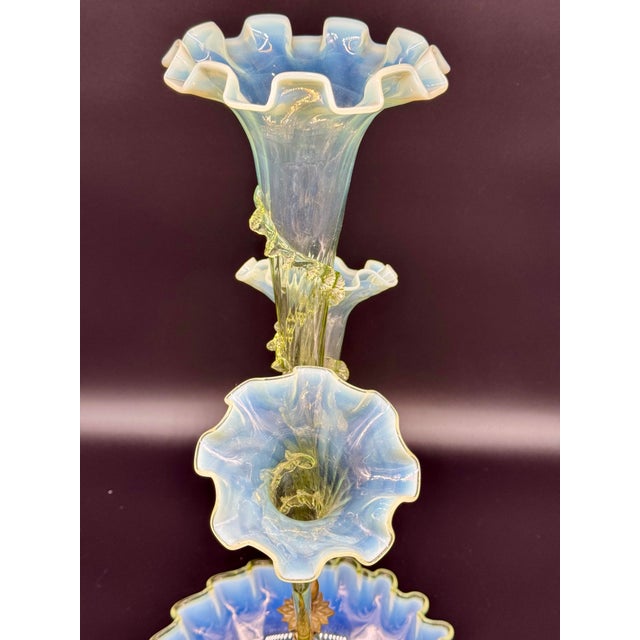 Antique Victorian Epergne Light Green Vaseline Glass Ruffle Ca 1880 Art Glass Vase Glows For Sale - Image 4 of 11