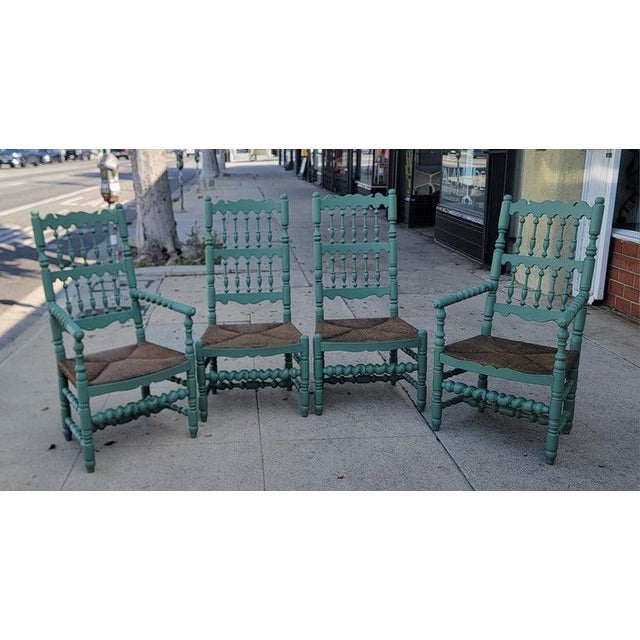 Set of Four wooden Charles pollock Green painted Chairs. These hand crafted chairs and hand painted chairs have hand...