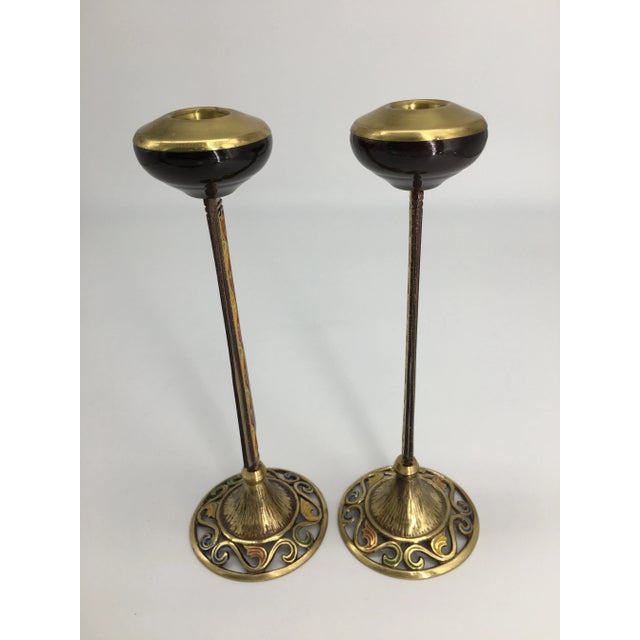 Brutalist Vintage Red & Yellow Shabbat Candle Holders- a Pair For Sale - Image 3 of 6