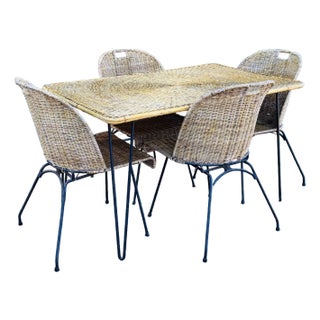 Vintage 1950s Wicker & Iron Table With 4 Chairs in the Style of Frederick Weinberg For Sale