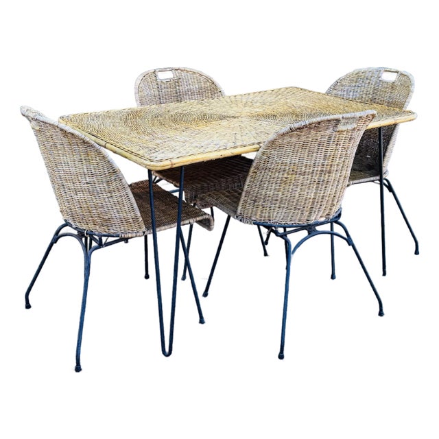Vintage 1950s Wicker & Iron Table With 4 Chairs in the Style of Frederick Weinberg For Sale
