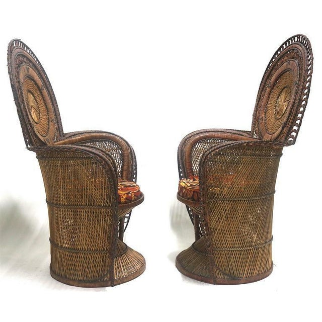 Exotic Rare Pair Wicker Throne Peacock Chairs , Medallion Back, Mid Century Hollywood Glam - For Sale - Image 4 of 8