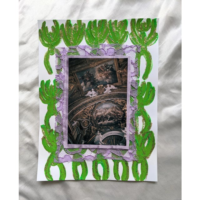 8 W x 10.7 H x 0.1 D in Original 35mm photo of the interior of a Roman basilica, layered on purple fabrics over painted...