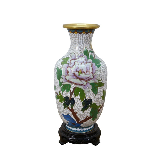 Chinoiserie Chinese Brass Cloisonne Enamel Chrysanthemum Peony Bud Vase 9" For Sale - Image 3 of 13