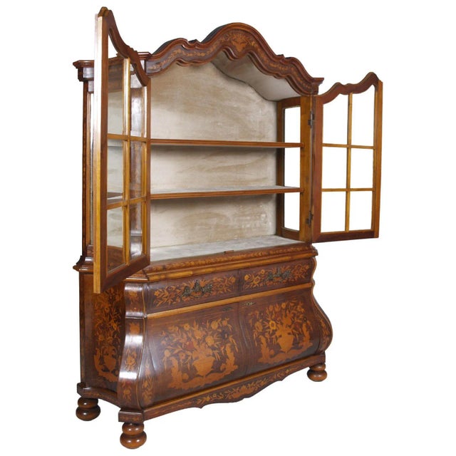 Majestic walnut sideboard with showcase in mid-century venetian baroque style, with widespread floral inlays in maple and...