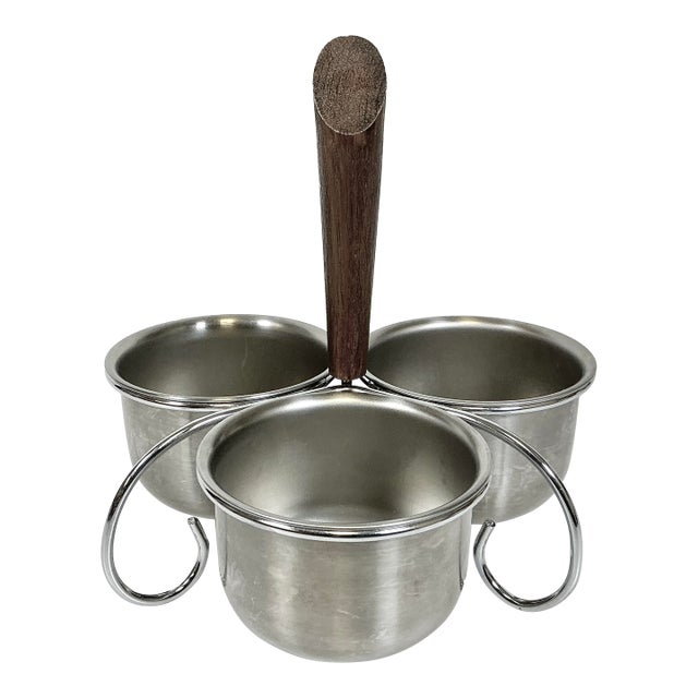 1960s Vintage Mid-Century Boho Chic Metal Condiment or Dressing Serving Dishes With Caddy For Sale